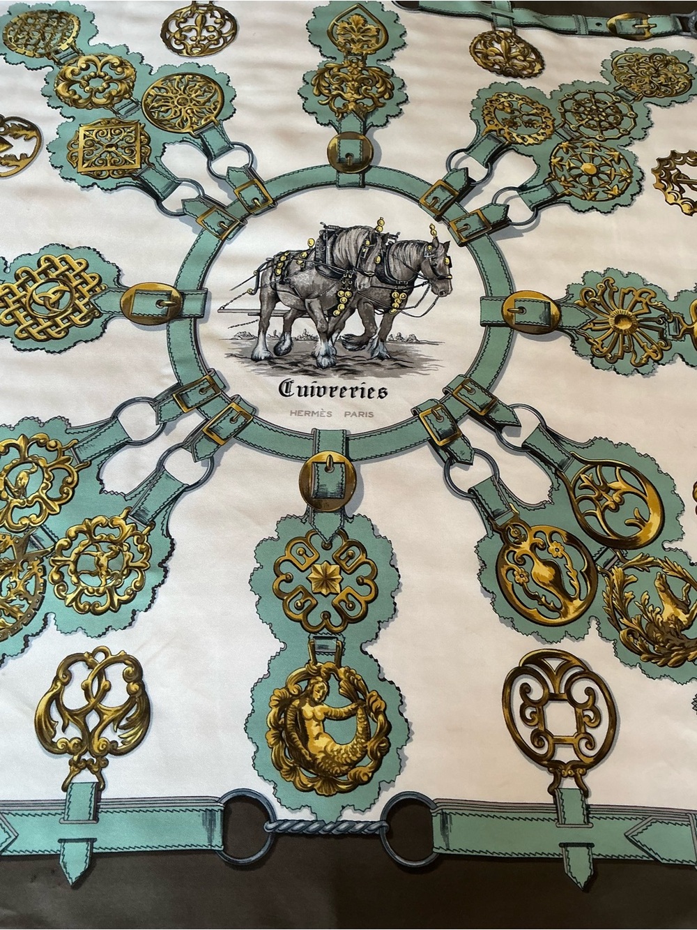 Hermès Cuivreries Silk Scarf in Mint, Gold, White